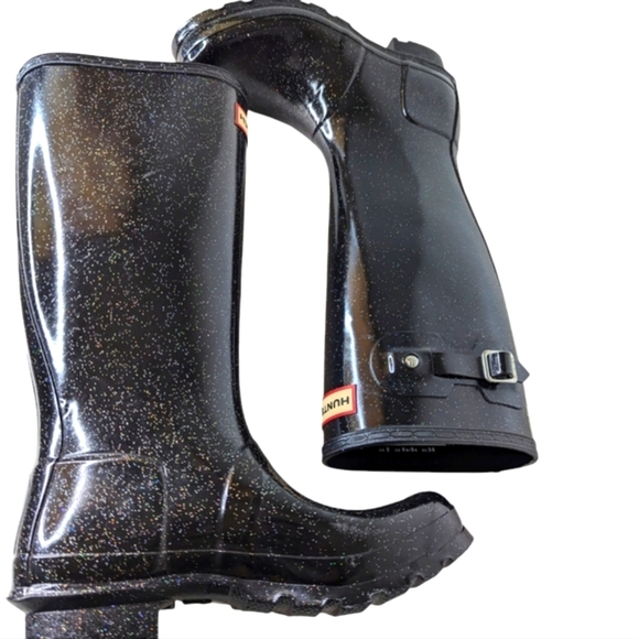 Hunter Girls Original Tall Rain Boots Starcloud Glitter Black Big Kids Size 5 - Picture 3 of 9